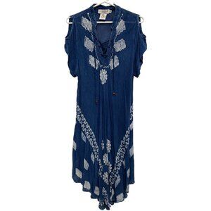 Vintage Y2K Ingear Resort Boho Dress One Size Floral Lace Up Cold Shoulder